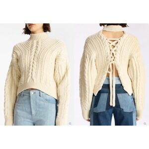 *NWT* A.L.C. Shelby Sweater Cream Cable Knit Lace Up Back Merino Wool XS $495